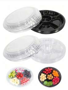20pcs Round Lidded Trays, Convenient And Practical, 6-Compartment Food Containers, Suitable For Fruits, Vegetables And Snacks, Ideal Food Storage Solution, Also Suitable As Serving Plates For Parties, Buffets And Catering Events, Kitchen Essentials, Home Party Supplies, Holiday Parties, Christmas, Birthday, Wedding - A - View 1