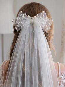 1 Pc Short Bridal Veil With Beaded Bow And Comb; Suitable For Civil Wedding Ceremonies And Bachelorette Parties. - White - View 4