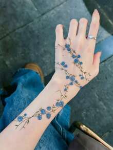 1pc Temporary Tattoo Sticker, Blue Rose Vine With Leaves Pattern, Realistic Fake Tattoo Design, Suitable For Daily, Bachelorette Party Favors, Music Festivals, Cosplay, Graduation Gifts, Lasts 3-5 Days - Multicolor - View 5