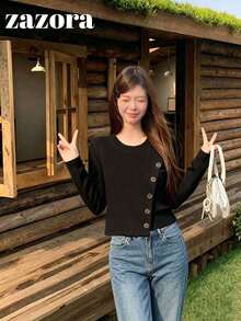 Korean Style Square Shoulder Long Sleeve Top Women's Design Asymmetrical Diagonal Button Base Layer - Black - View 8