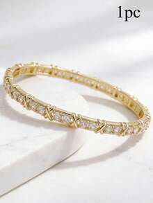 1pc Niche Designer Dual-Tone Electroplated Copper Zirconia Bracelet, Fully Pave Round Zirconia X-Knot Dual-Tone Ring, Women's Ball Evening Party Gift - Multicolor - View 7