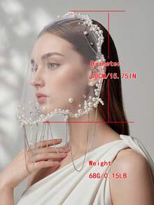 Elegant Pearl Rhinestone Bridal Veil Short Soft Tulle Wedding Veil Tassel Edge Bride Headpiece Accessories - Off White - View 8