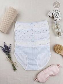 DAZY 5pcs/Set Japanese Style Cute Blue Plaid & Floral Cotton Thin Women's Triangle Panties - Multicolor - View 2