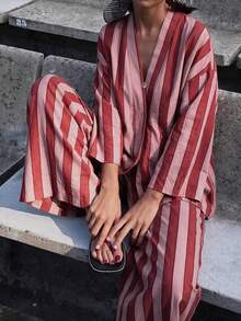 Standard Size Women's Autumn/Winter Similar Color Striped Fabric Cardigan With Dropped Shoulders Loose Fit Top Casual Commute Set - Pink - View 4