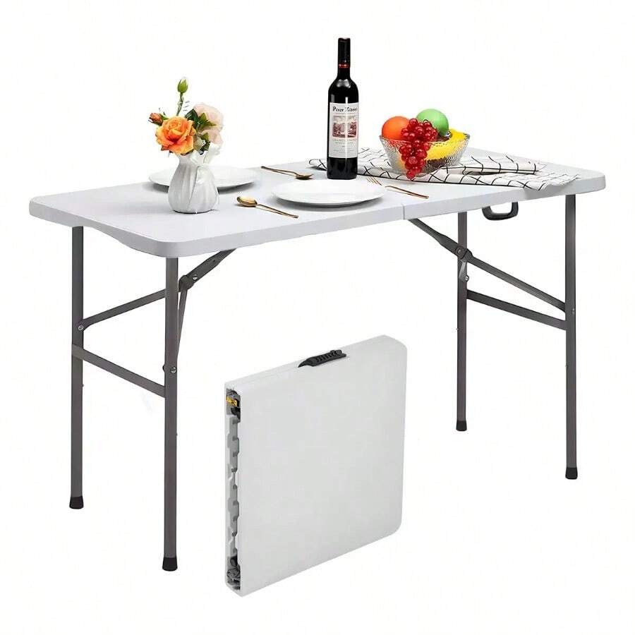 Mesa Plegable de Plástico Tipo Portafolio 120 cm, Mesa Portátil para Exterior e Interior, Jardín, Camping, Picnic, Fiestas y Reuniones - Negro - Ver 1