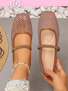 XfxfLadies' Mesh Flat Sole Shoes With Hollow Elastic Band Design, Breathable And Comfortable, Suitable For Travel/Casual Daily/Commuting Wear. - Brown - View 2
