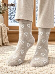5 Pairs Unisex Heart Couple Fuzzy Crew Floor Socks, Vintage Star Jacquard Faux Mink Fur Warm Knit Socks, Stretch Rib Cuff Cozy Thermal Home Sleeping - Multicolor - View 6