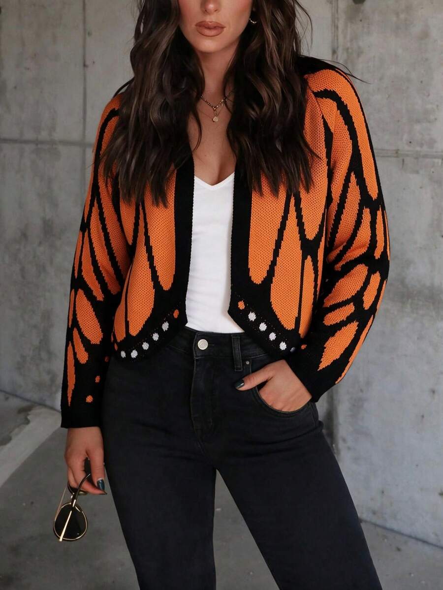 Women's Butterfly Print Cardigan Collar Long Sleeve Polyester Regular Length Coat, A Stylish Choice For Fall And Everyday Wear. - Orange - View 1