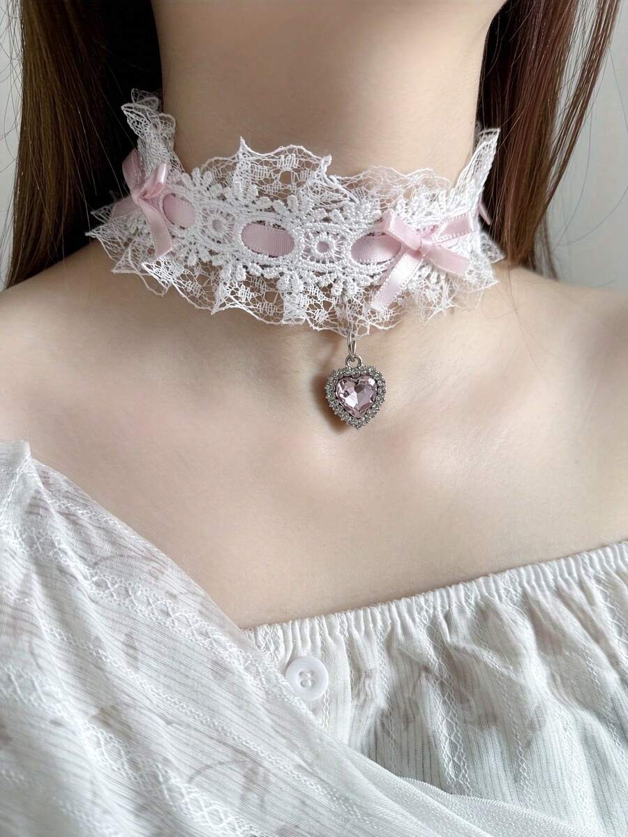 1件白色蕾絲蝴蝶結頸鍊項鍊 女款頸部飾品 高端極簡風 - 白色E - 查看 1