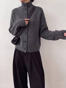 Women's Knitted Cardigan Jacket, Long Sleeve High Neck, Button Front Design, Suitable For Autumn/Winter - Dark Grey - View 3
