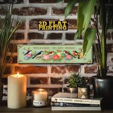 Desain Datar 2D, Papan Dinding Logam Vintage "Selamat Datang di Rumahku" - Plakat Pintu Pondok Pedesaan Besar 4.0X16.0 Inci dengan Pola Burung dan Karangan Bunga, Bingkai Hijau Mint dan Emas, Dekorasi Gantung Tahan Lama, Cocok untuk Teras - A - View 5