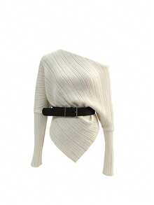 Women's Shoulder Strap Belted Knit Sweater Top, New Autumn/Winter Lazy High-End Style - Apricot - View 10