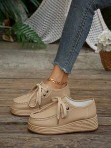 Women's Wedge Heel Thick Sole Loafers, Retro Leather Upper, Versatile Round Toe Front Lace-Up Casual Sneakers, Solid Color - Khaki - View 3
