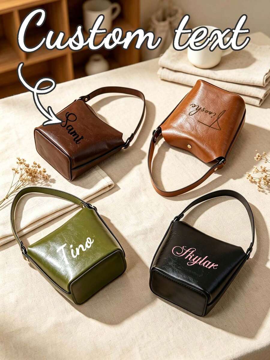 Personalized Custom Text Vintage PU Leather Mini Bucket Bag, Casual Handbag, Work Shopping Coin Purse - Multicolor - View 1