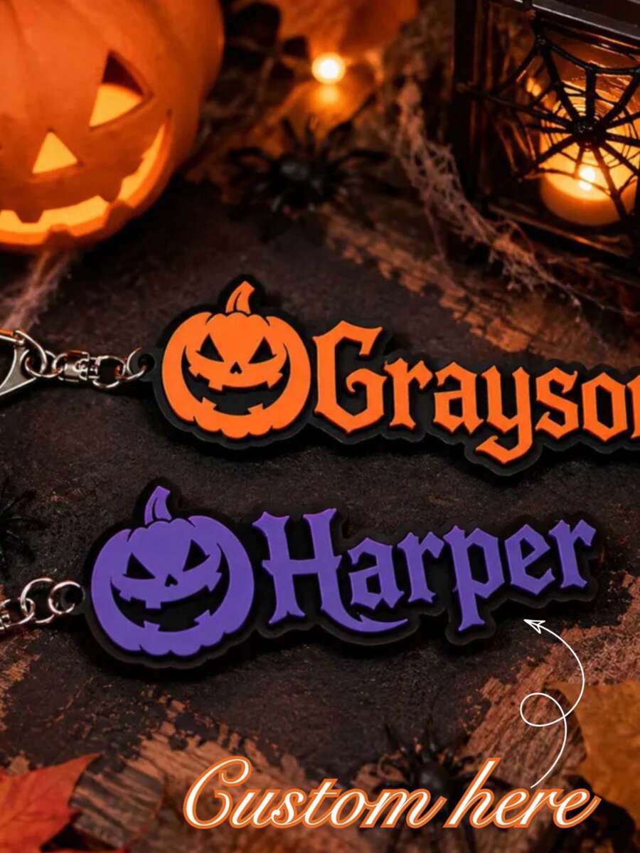 1pc Personalized Halloween Name Keychain, 3D Printed Ghost & Pumpkin Shaped Keyring, Cute Creative Backpack Charm, Custom Name Letter Pendant, Halloween Party Decoration Accessory, Holiday Souvenir Gift, Personalized Bag Decor, Car Key Holder, Creative Small Gift - Multicolor - View 1