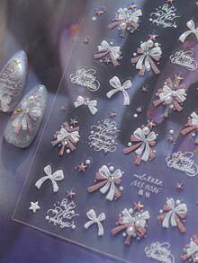 1pc 5D Crystal Christmas Ribbon Tree Nail Stickers, Christmas Tree Bow, Shiny Bow, Exquisite Stars & English Artistic Font Merry Christmas, Adhesive Nail Decals - Multicolor - View 1