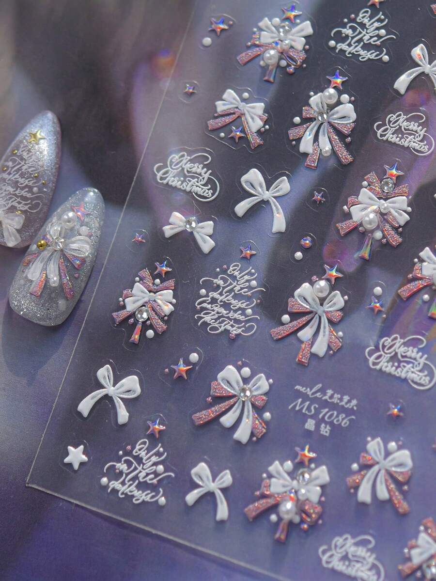 1pc 5D Crystal Christmas Ribbon Tree Nail Stickers, Christmas Tree Bow, Shiny Bow, Exquisite Stars & English Artistic Font Merry Christmas, Adhesive Nail Decals - Multicolor - View 1
