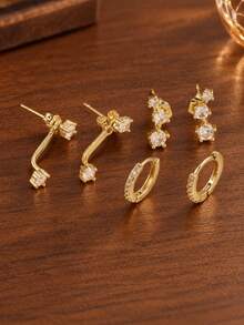 6pcs Simple Copper Zirconia Hoop Earrings Set For Women, Couples, Sisters, Holiday, Daily Matching - Earring Set - View 5