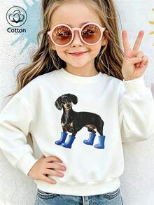 Kids' Cute Dachshund & Blue Rain Boots Print Pullover Sweatshirt, Loose Fit Long Sleeve Round Neck Top, - White - View 3