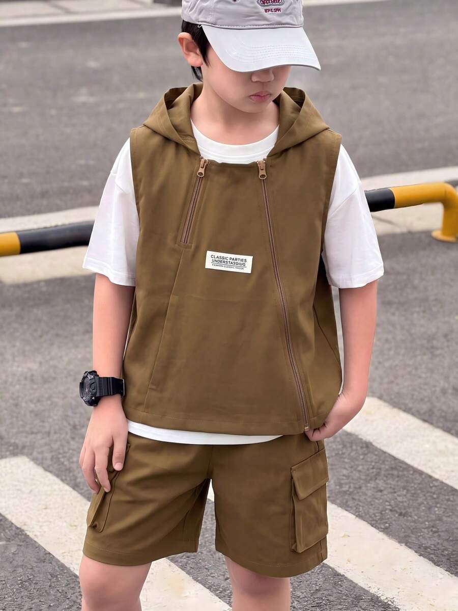 Vihyde Tween Boys Spring/Summer Casual Asymmetric Zipper Hooded Vest & T-Shirt & Pocket Cargo Shorts 3 Pieces Set - Khaki - View 1