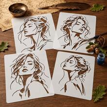 4pcs Women Portrait Stencils, Washable & Reusable Abstract Line Art Women Templates, Suitable For Canvas, Fabric, Tote Bags, Pillows & DIY Crafts - A - View 3