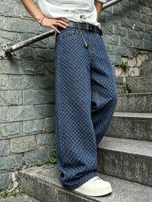Men's Deep Blue Jacquard Textured Wide Leg Jeans, Y2K Oversized Loose Streetwear Style - Blue - View 4