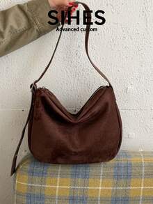 1pc Solid Color Suede Velvet New Women's Bag, Shoulder Bag, Crossbody Bag, Fashion Large Capacity Square Bag, Zipper Closure, Suitable For Commuting, Shopping, Dating, Shopping - Coffee - View 8