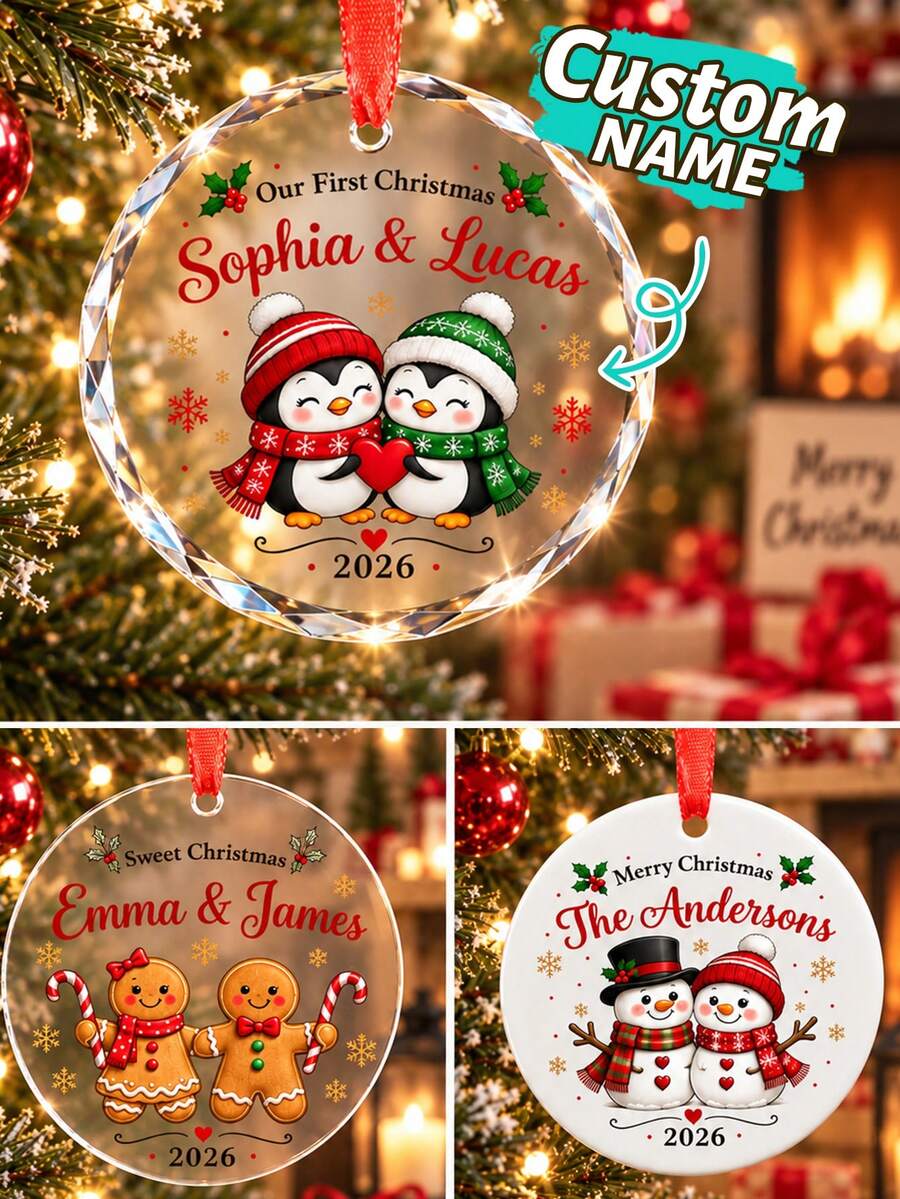 Custom Couple Round Christmas Ornament, Romantic Christmas Tree Decoration, Personalized Hanging Keepsake For Couples, Festive Home Decor, Customized Name Holiday Ornament, Sweet Anniversary Gift, Customizable Christmas Present For Lovers, Room Decor - Style D - View 1
