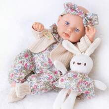 2 Styles Floral Rabbit Theme 12in Reborn Doll, Floral Romper, Knitted Cardigan, Bow Headband, Knitted Socks + Matching Rabbit Plush Doll, Beige + Light Pink Dual Color Set, Soft Fabric, Girls Dress-Up Accessories, Gift For Children - Multicolor - View 9