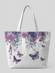 1Pc Flowers & Butterfly Print Corduroy Large Capacity Open Top Tote Bag, Holds Books Daily Essentials For Student School Shopping Daily Travel - Multicolor - View 9