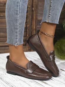 Women's Daily Commute Preppy Style Flexible Square Toe Flat Loafers - Brown - View 4
