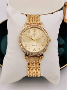 1pc Women's Fashion Shiny Gold Rhinestone Trim Quartz Watch, Elegant Round Arabic Numeral Dial Metal Chain Strap Wristwatch, Suitable For Daily Wear - Gold - View 6