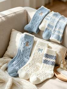 1/5/10 Pairs Of Mid-Calf Socks In Blue And White Colors, Featuring Mink Velvet With. Thickened Plush Socks For Autumn/Winter, With Cute Bear And Bow . Comfortable, Soft, And Girly Coral Socks - Multicolor - View 8