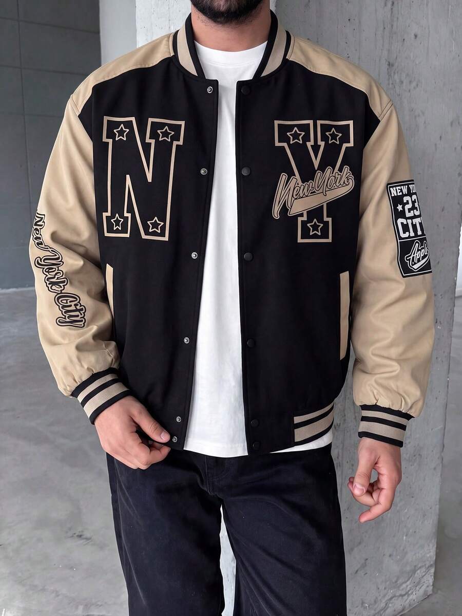 Men's Street Style Colorblock Letter Print Baseball Jacket, Autumn Graduation Back To School, Long Sleeve Varsity Jacket, Men's Letter Jacket - Black - View 1