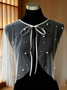 Pearl Beaded Long Tulle Cape, Tie Neck Sheer Mesh Shawl, Bridal Wedding Dress Overlay - Multicolor - View 5