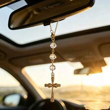 1pc. Rhinestone Cross Car Pendant, Cut Crystal Beads With Golden Chain, Protecting Your Every Journey, Bag And Home Dual Use Holiday Gift - Cross - View 1
