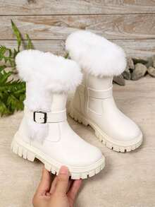 1 Pair Fuzzy High-Top Girls' Boots, Cute Functional Style With Buckle Design, Warm And Non-Slip, Suitable For Autumn/Winter, Daily Parent-Child Outings, School, Christmas New Arrival - White - View 8