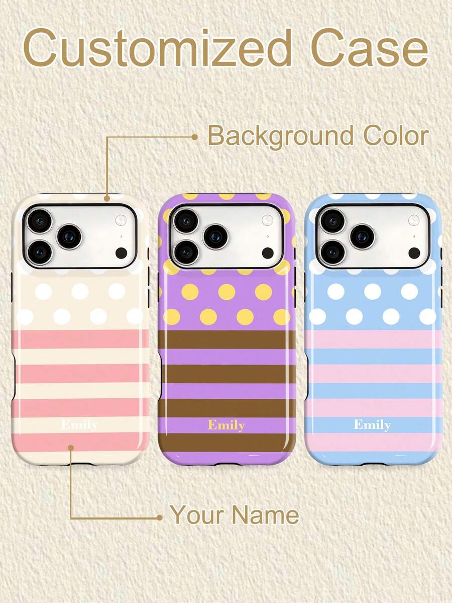 1pc Customized Fresh Polka Dot Name Letter Slogan Phone Case, 2-In-1 Glossy Film Full Coverage Hard Shell Protective Cover Compatible With IPhone 11/12/13/14/15/16/17 Pro Max - Multicolor - View 1