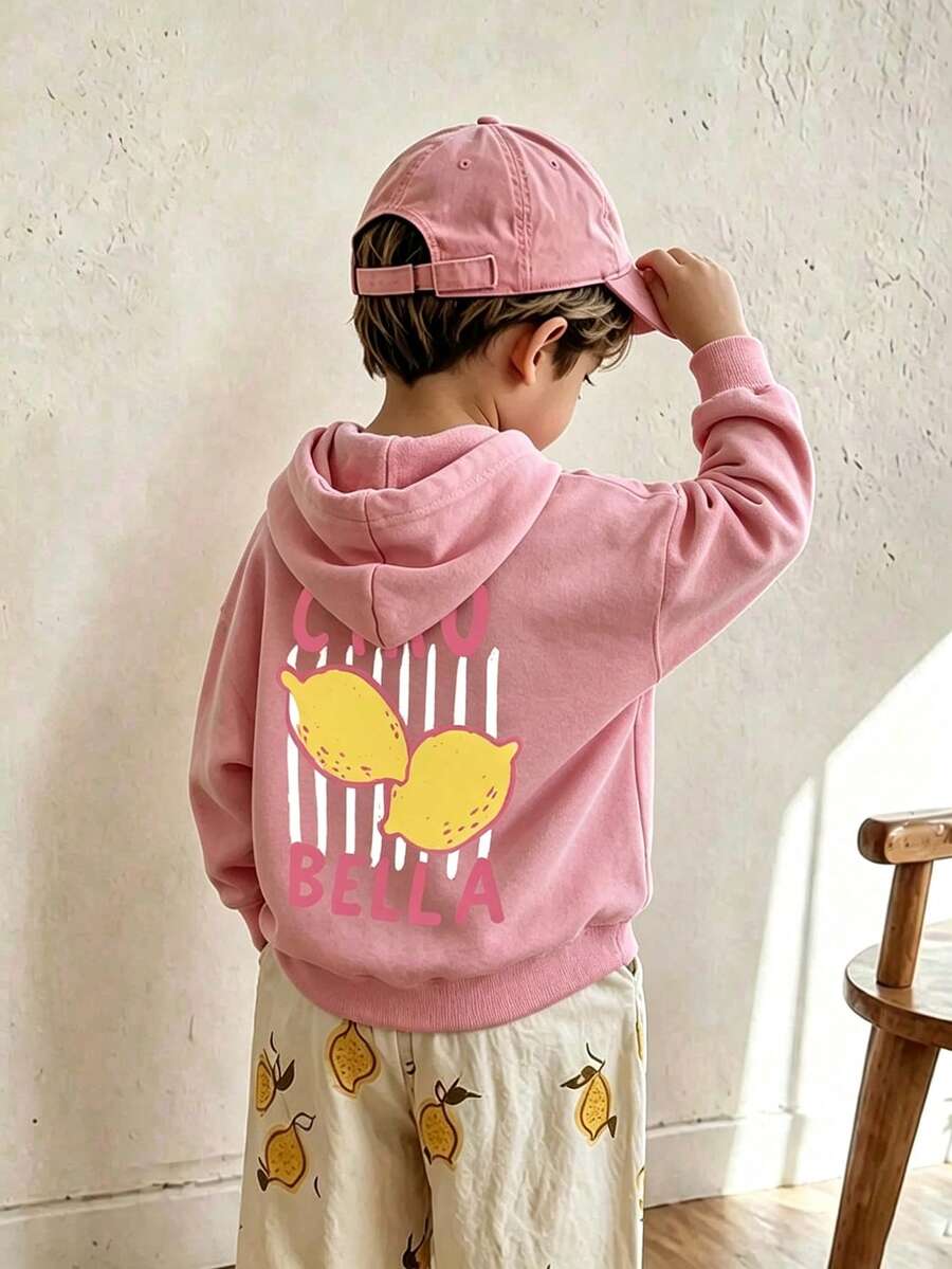 Young Boy Fun Print Pullover Sweatshirt, Warm And Comfortable Thermal-Lined Pullover Sweatshirt For Autumn/Winter - Pink - View 1