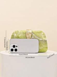 1pc Luxury Green Marble Texture Box Clutch With Gold Leaf Decor Frame Hard Shell Evening Bag, Luxury Mini Shoulder Bag For Formal Dresses - Yellow - View 3