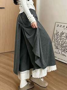 Korean Style Fashion Dark Gray 2 In 1 Lace Trim Wide Leg High Waist Loose Slimming Pants Casual Long Pants - Dark Grey - View 7
