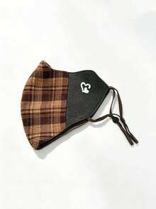 1PCPlaid Spliced Heart Print Face Mask, Adjustable Ear Loops Reusable Windproof Warm Face Cover For Daily Outdoor Wear - Multicolor - View 5