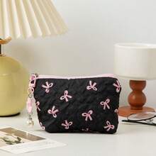 Cute Bow & Heart Pattern Wrist Makeup Bag, Large Capacity Cosmetic Storage Travel Makeup Bag, Elegant Gold Hardware (Black/White/Pink), Perfect Gift - Multicolor - View 9