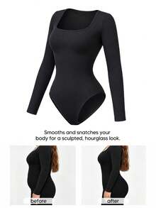 Bodysuit Wanita Warna Polos Tanpa Jahitan, Leher Persegi, Semi-Bodycon, Lengan Panjang, Pinggang Bergaris - Hitam - View 2