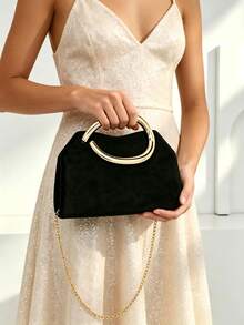 Simple Velvet Black Clutch With Golden Handle Evening Bag For Party,Wedding - Black - View 5