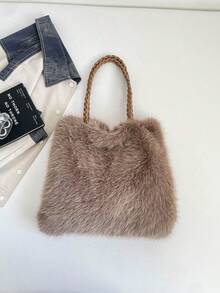 Women's Plush Shoulder Bag, Large Capacity, Versatile, Solid Color, High-End Handbag For Work And Commute - Brown - View 8
