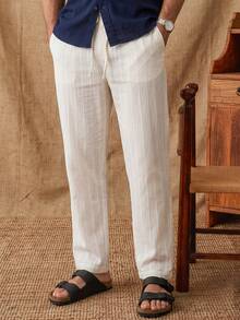 glestore Men's Vintage Style Casual Striped Linen Texture Long Pants, Suitable For Commuting, Leisure And Vacation, All Seasons - White - View 1