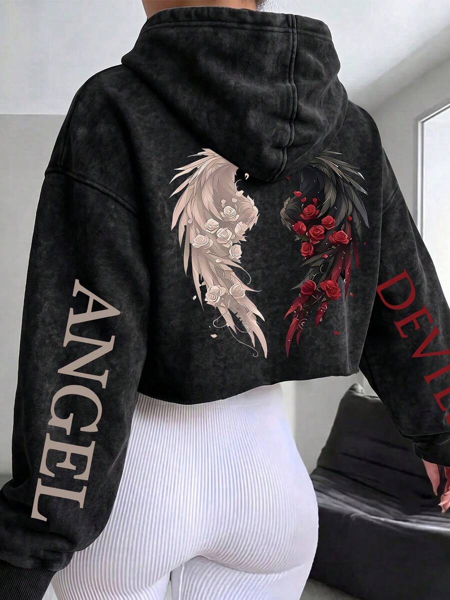 Plus Size Loose Fit Hooded Sweatshirt, Angel And Demon Wings With Red And White Rose Print, Comfortable Pullover - Black - View 1