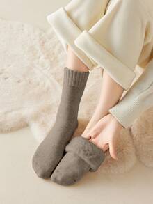 5 Pairs Random Women Maillard Fleece‑Lined Mid‑Calf Socks, Thick Plush Inner Warm Knit Socks, Holiday Gift Long Socks For Fall Winter & Christmas - Multicolor - View 4
