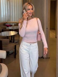 FOR BEAUTY Fall Winter Y2K Elegant Casual Soft Pink Asymmetric Neck Off Shoulder Fluffy Knit Sweater Tops Women Going Out Party Outfits - Pink - View 4